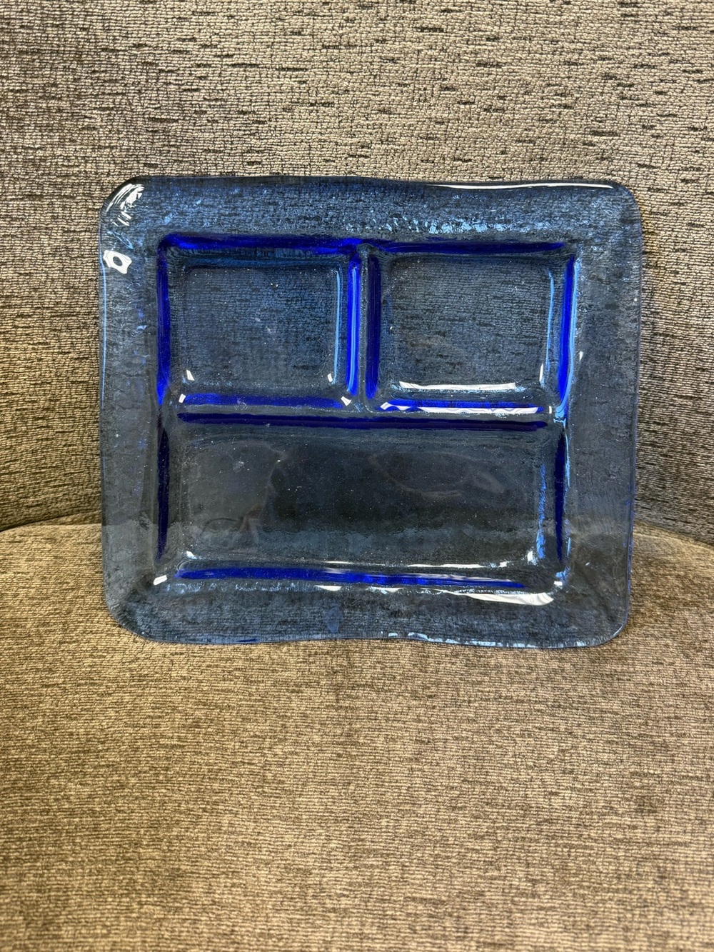 Handmade Cobalt Blue Recycled Fused Glass Divided Rectangular Serving Tray Dish